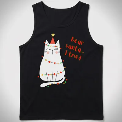 Kawaii cat in Santa hat with 'Dear santa... I tried' text in festive colors — printed on a tank top