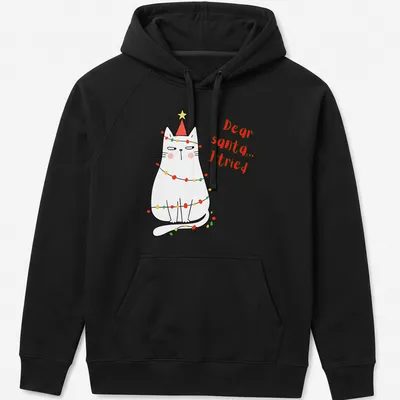 Kawaii cat in Santa hat with 'Dear santa... I tried' text in festive colors — printed on a unisex hoodie