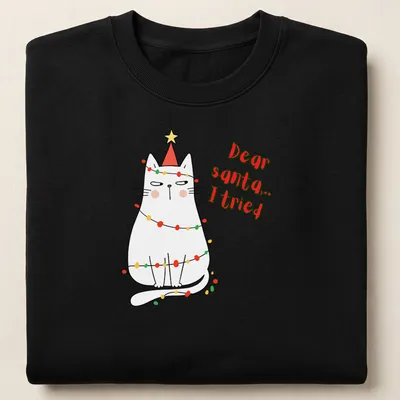 Kawaii cat in Santa hat with 'Dear santa... I tried' text in festive colors — printed on a unisex sweatshirt