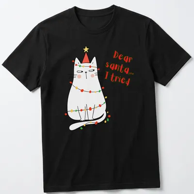 Kawaii cat in Santa hat with 'Dear santa... I tried' text in festive colors