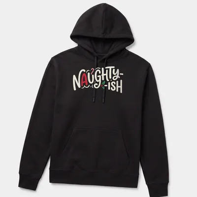 Playful lettering with the text 'Naughty-Ish' in red, green, and white on a Christmas-themed shirt. — printed on a unisex hoodie