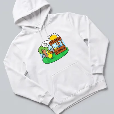 Cartoon duck asking for grapes with humorous lemonade text in bright colors — printed on a unisex hoodie