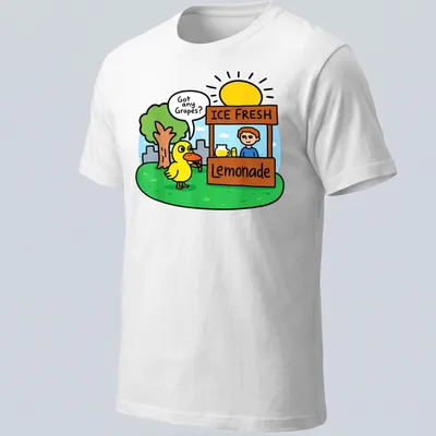 Cartoon duck asking for grapes with humorous lemonade text in bright colors