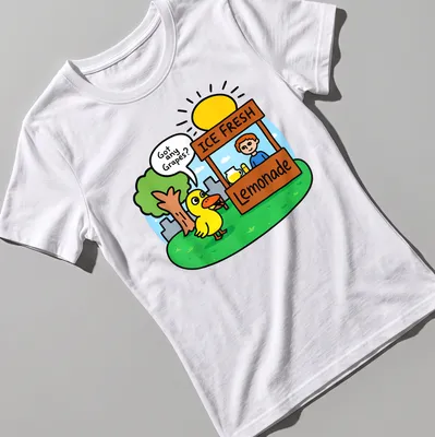 Cartoon duck asking for grapes with humorous lemonade text in bright colors — printed on a women's shirt