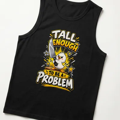 Cartoonish print of a funny duck holding a knife with humorous text — printed on a tank top