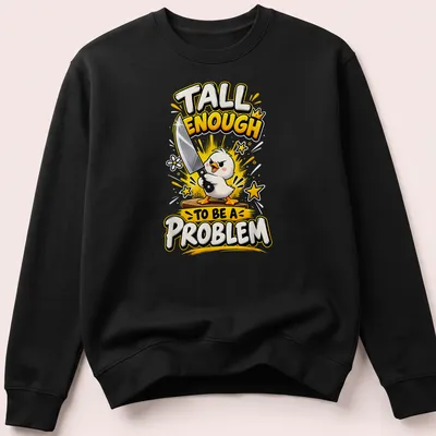 Cartoonish print of a funny duck holding a knife with humorous text — printed on a unisex sweatshirt