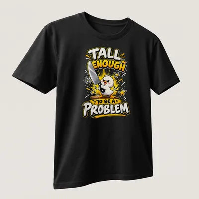 Cartoonish print of a funny duck holding a knife with humorous text — printed on a unisex t-shirt (angled view)
