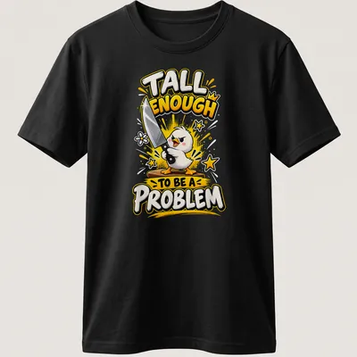 Cartoonish print of a funny duck holding a knife with humorous text
