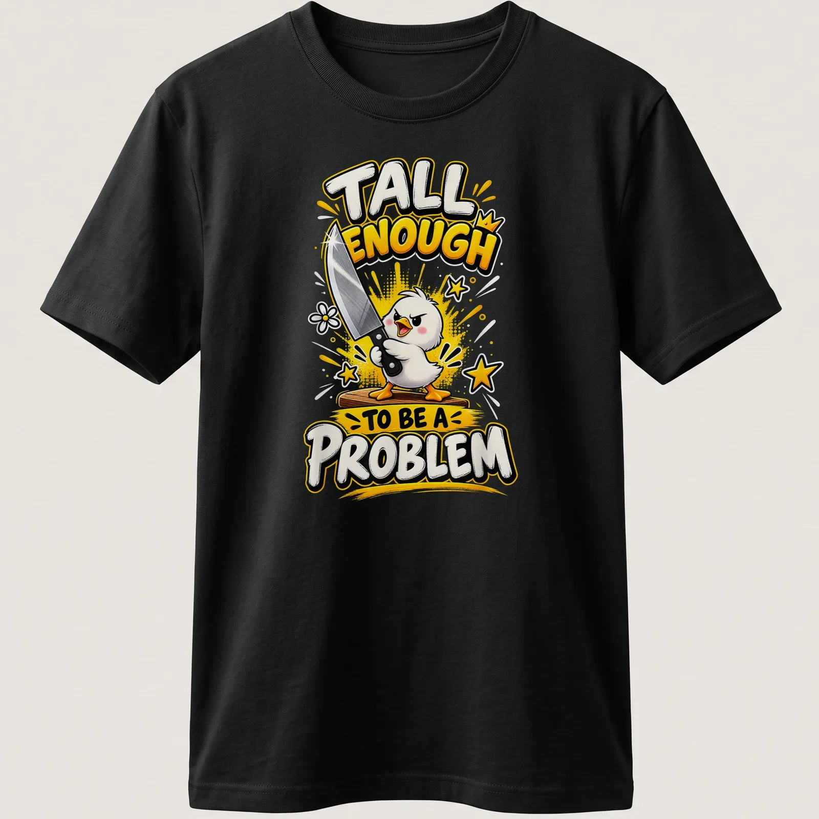 Cartoonish print of a funny duck holding a knife with humorous text — printed on a unisex t-shirt