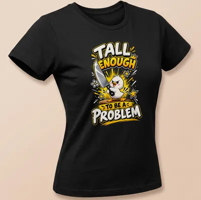 Cartoonish print of a funny duck holding a knife with humorous text — printed on a women's shirt