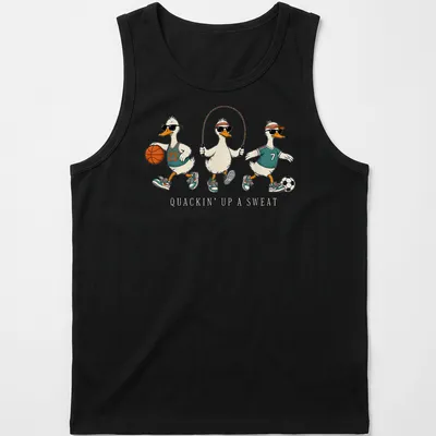 Cartoon gym teacher goose with whistle and sweat design in white and teal — printed on a tank top