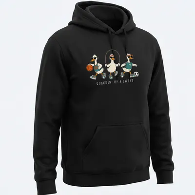 Cartoon gym teacher goose with whistle and sweat design in white and teal — printed on a unisex hoodie