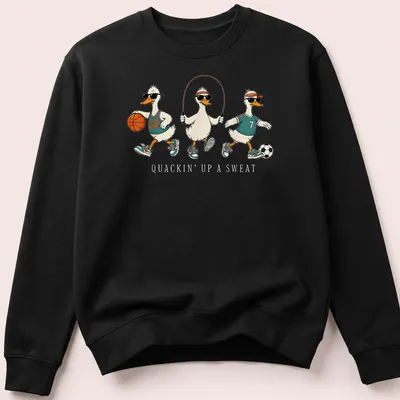 Cartoon gym teacher goose with whistle and sweat design in white and teal — printed on a unisex sweatshirt
