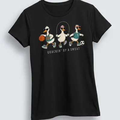 Cartoon gym teacher goose with whistle and sweat design in white and teal — printed on a women's shirt