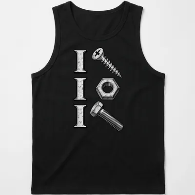Vintage style tee with humorous text and illustrations of tools — printed on a tank top