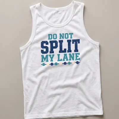 Retro distressed t-shirt featuring a lap swimmer with humorous text about lanes — printed on a tank top