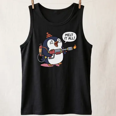 Cartoon penguin with a flamethrower in black, white, red, and orange. — printed on a tank top