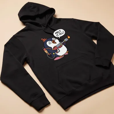 Cartoon penguin with a flamethrower in black, white, red, and orange. — printed on a unisex hoodie