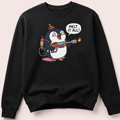 Cartoon penguin with a flamethrower in black, white, red, and orange. — printed on a unisex sweatshirt
