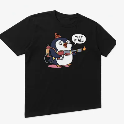 Cartoon penguin with a flamethrower in black, white, red, and orange. — printed on a unisex t-shirt (angled view)