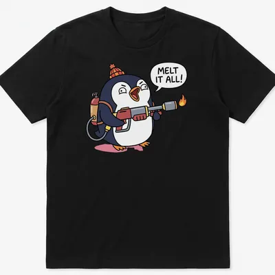 Cartoon penguin with a flamethrower in black, white, red, and orange.