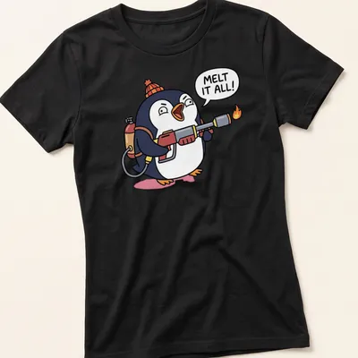 Cartoon penguin with a flamethrower in black, white, red, and orange. — printed on a women's shirt