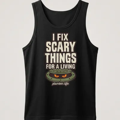 Illustration of a manhole cover with scary eyes and text I FIX SCARY THINGS FOR A LIVING. — printed on a tank top