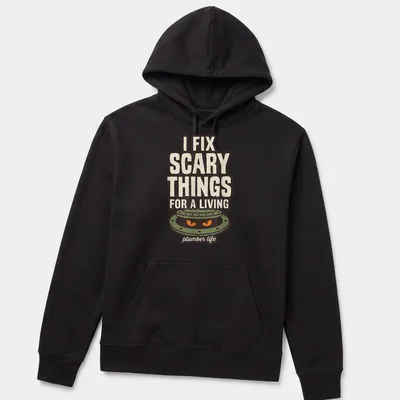 Illustration of a manhole cover with scary eyes and text I FIX SCARY THINGS FOR A LIVING. — printed on a unisex hoodie