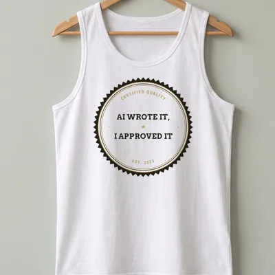 Vintage circular badge design with text: AI Wrote It, I Approved It. — printed on a tank top