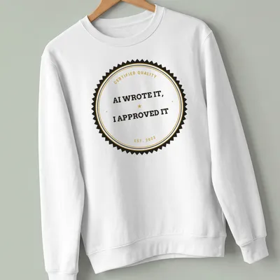 Vintage circular badge design with text: AI Wrote It, I Approved It. — printed on a unisex sweatshirt