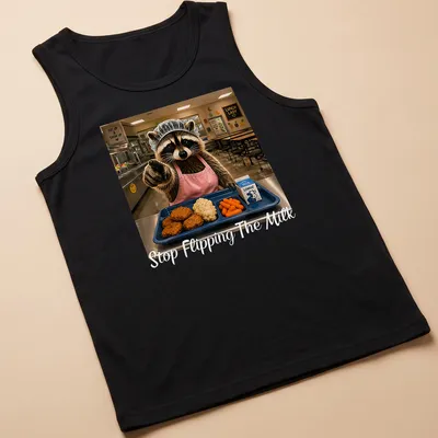 Realistic print of a raccoon lunch lady serving food with the text 'Stop Flipping The Milk' — printed on a tank top