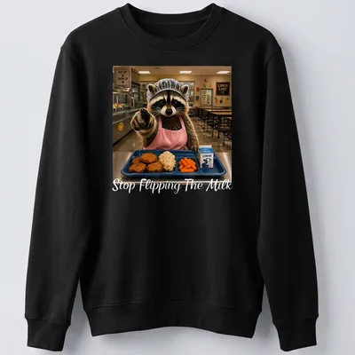 Realistic print of a raccoon lunch lady serving food with the text 'Stop Flipping The Milk' — printed on a unisex sweatshirt