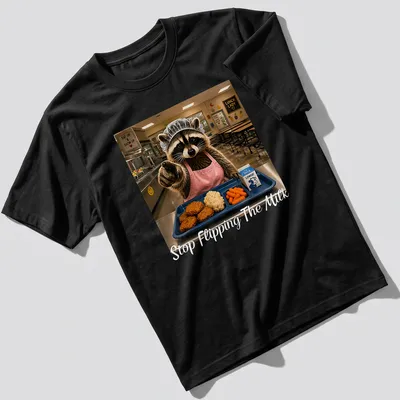 Realistic print of a raccoon lunch lady serving food with the text 'Stop Flipping The Milk'