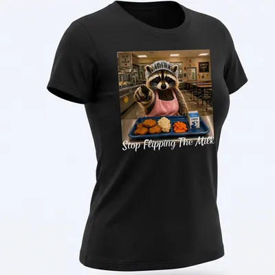 Realistic print of a raccoon lunch lady serving food with the text 'Stop Flipping The Milk' — printed on a women's shirt