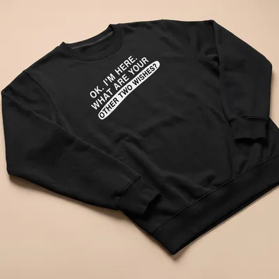 Bold typography tee featuring sarcastic text about wishes in black on white — printed on a unisex sweatshirt