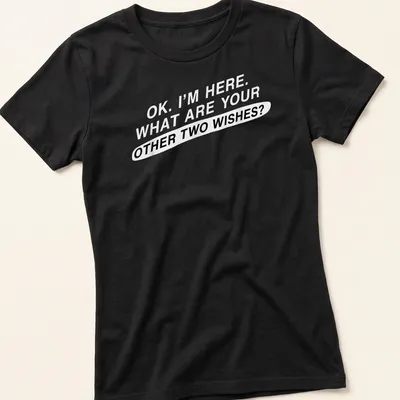 Bold typography tee featuring sarcastic text about wishes in black on white — printed on a women's shirt