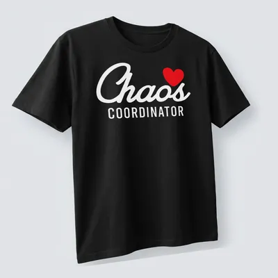 T-shirt displaying 'I ❤️ Chaos Coordinator' in bold red and white typography. — printed on a unisex t-shirt (angled view)