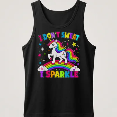 Colorful cartoon unicorn with the text 'I DON'T SWEAT I SPARKLE' in playful typography — printed on a tank top