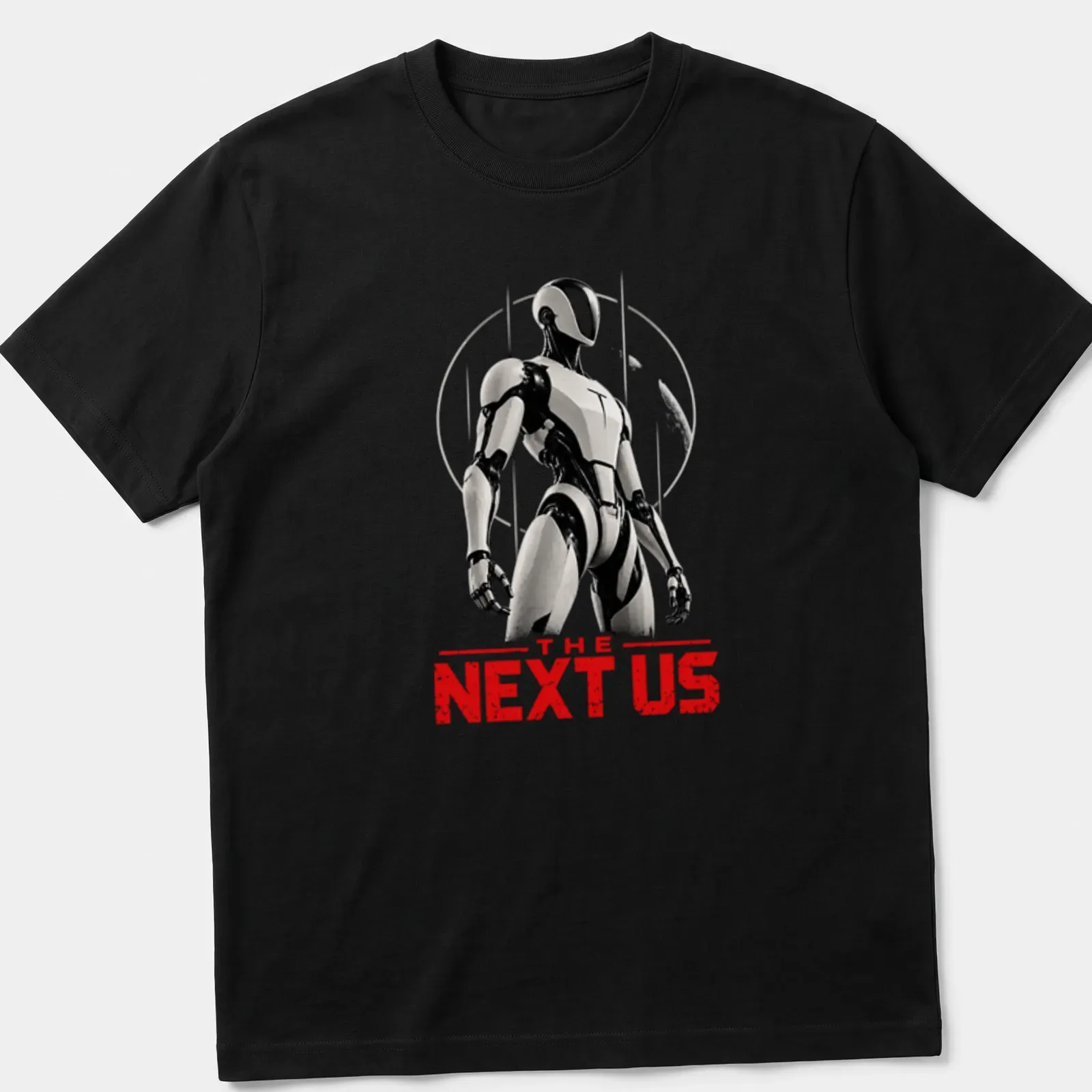 Silhouette of a futuristic android robot with text 'THE NEXT US' in black, white, and red — printed on a unisex t-shirt