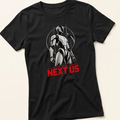 Silhouette of a futuristic android robot with text 'THE NEXT US' in black, white, and red — printed on a women's shirt