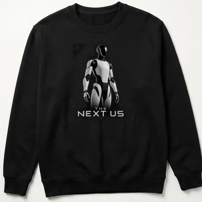 Silhouette of a futuristic humanoid robot with the text 'THE NEXT US' in black, white, and gray. — printed on a unisex sweatshirt