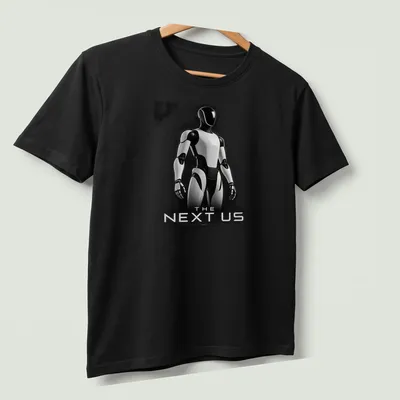 Silhouette of a futuristic humanoid robot with the text 'THE NEXT US' in black, white, and gray. — printed on a unisex t-shirt (angled view)