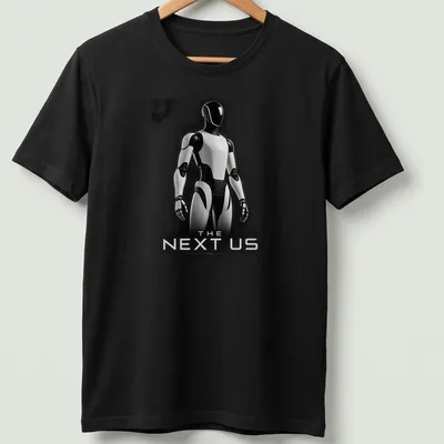 Silhouette of a futuristic humanoid robot with the text 'THE NEXT US' in black, white, and gray.