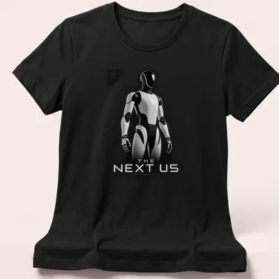 Silhouette of a futuristic humanoid robot with the text 'THE NEXT US' in black, white, and gray. — printed on a women's shirt