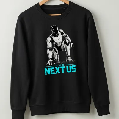 Futuristic humanoid robot silhouette with the text 'THE NEXT US' in bold colors — printed on a unisex sweatshirt