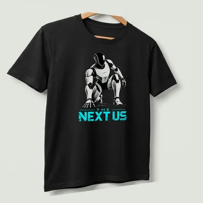 Futuristic humanoid robot silhouette with the text 'THE NEXT US' in bold colors — printed on a unisex t-shirt (angled view)
