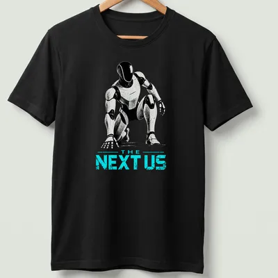 Futuristic humanoid robot silhouette with the text 'THE NEXT US' in bold colors