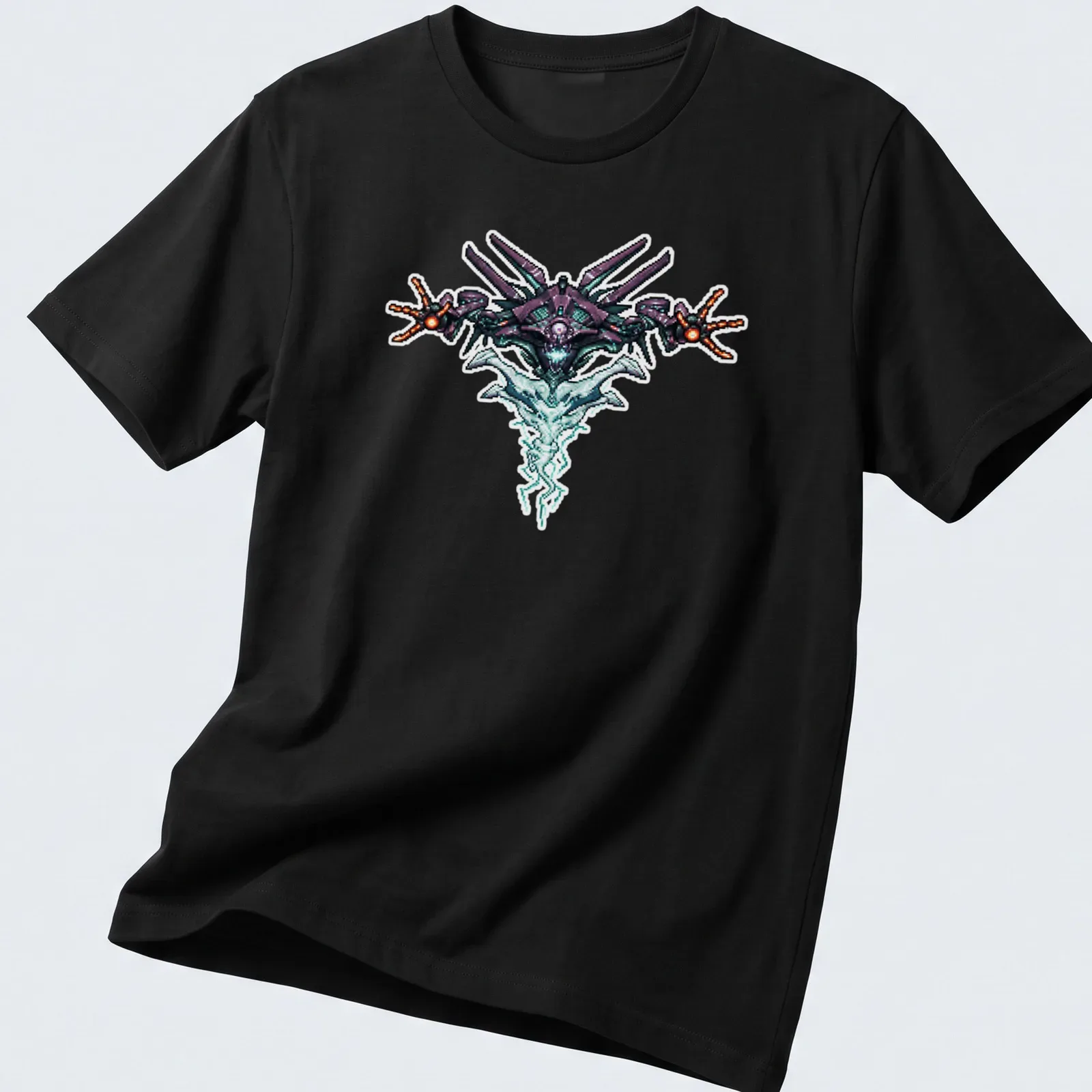 Pixel art graphic of a futuristic spaceship with the text Quria DESTINY — printed on a unisex t-shirt