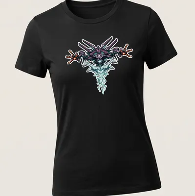 Pixel art graphic of a futuristic spaceship with the text Quria DESTINY — printed on a women's shirt