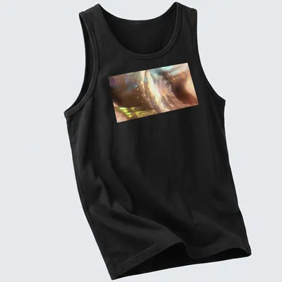 Abstract design of a galactic seashell with starlight prism in iridescent colors. — printed on a tank top